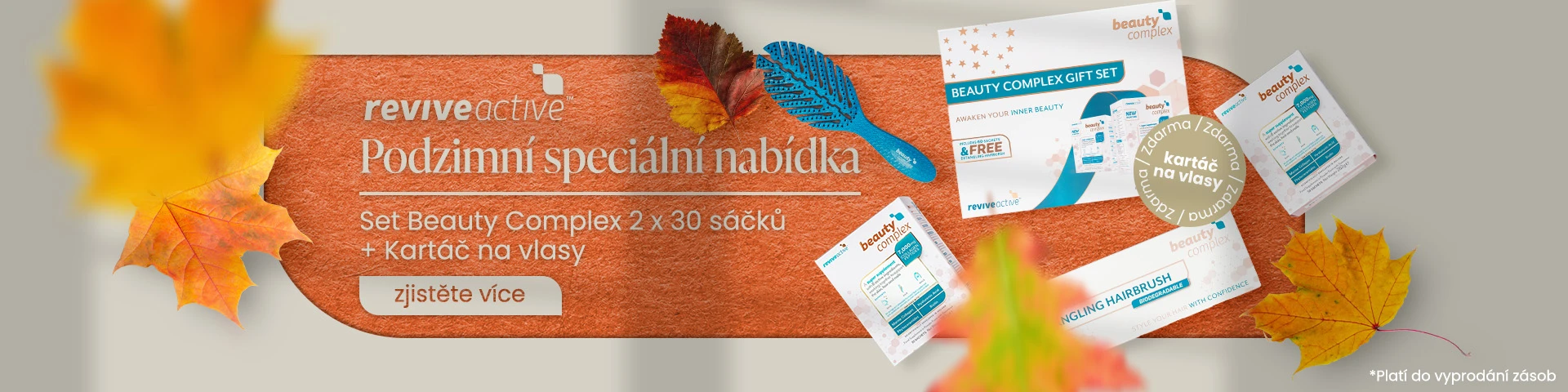 Podzimní akce Revive Active – 2 x Beauty Complex 30 sáčků s kartáčem na vlasy za zvýhodněnou cenu. Platí do vyprodání zásob. 